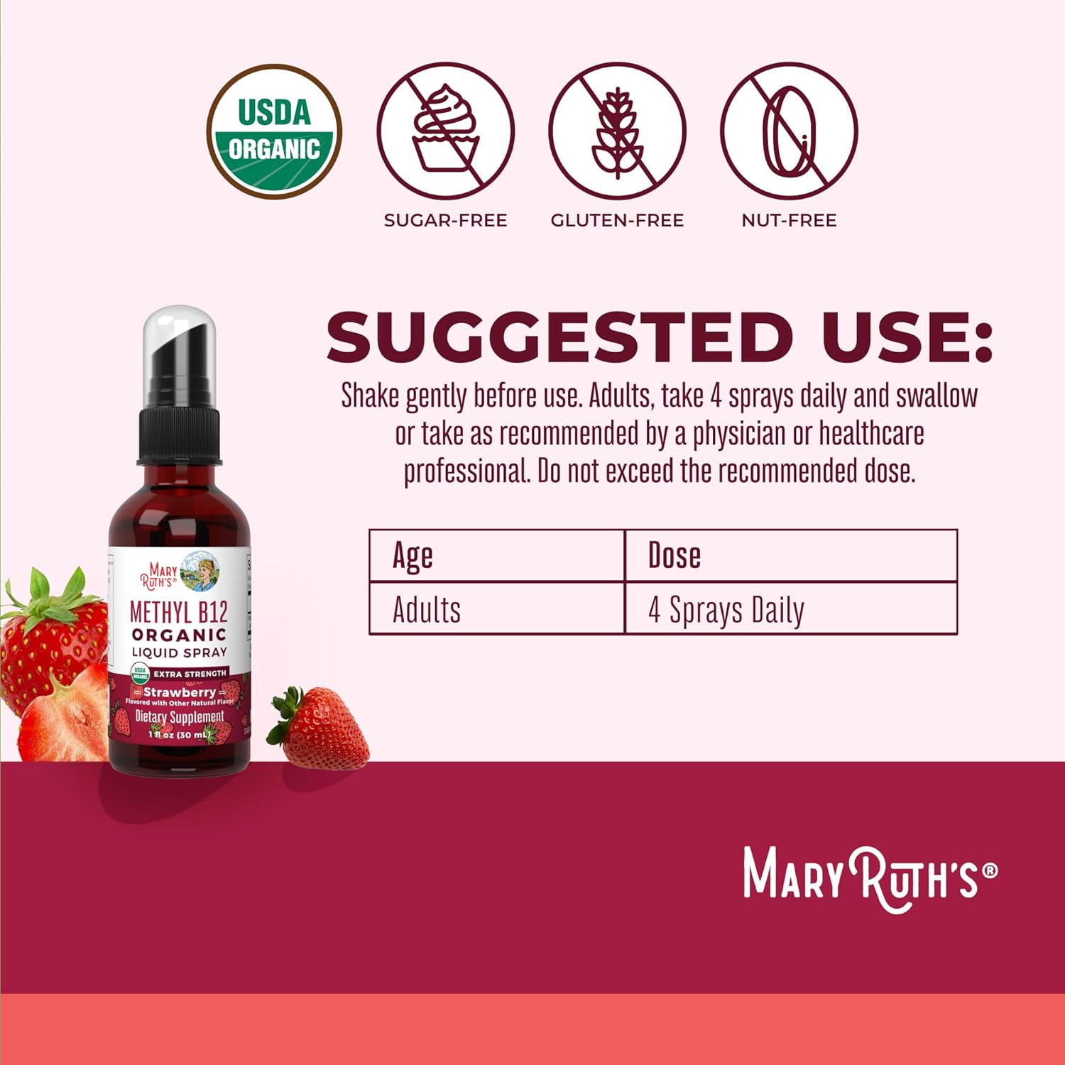 MaryRuth's Vitamin B12 Liquid Spray – USDA Organic, Methylcobalamin, 720 mcg - görsel 3