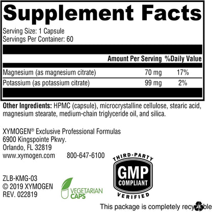 XYMOGEN K-Mg Citrate - Potassium & Magnesium Citrate - Electrolyte, Muscle & Nerve Function Support - Vegan, Gluten-Free, & Non-GM - 60 Capsules