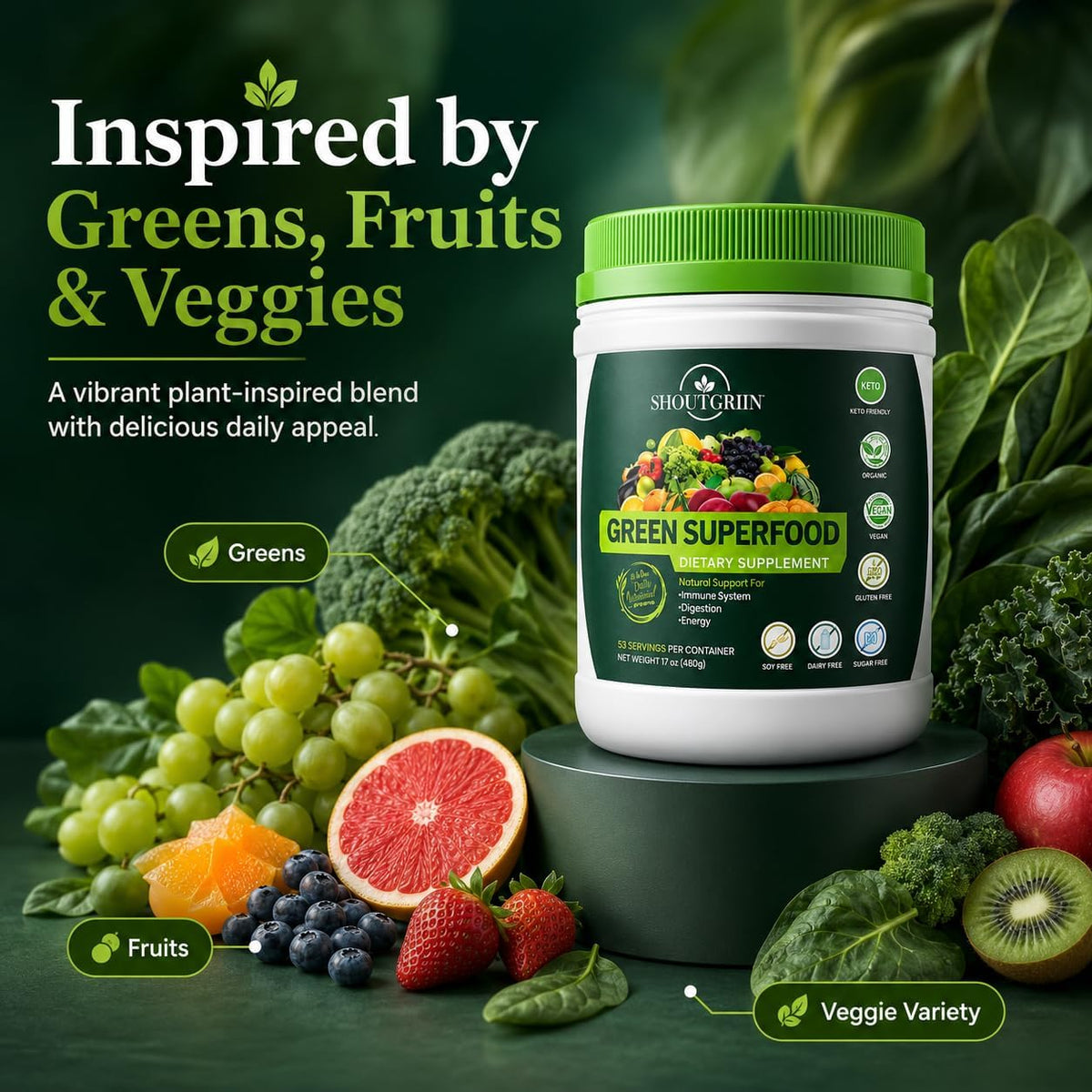 SHOUTGRIIN Green Superfood Powder – Organic Super Greens with 100 Billion CFU Probiotics & Digestive Enzymes - görsel 7