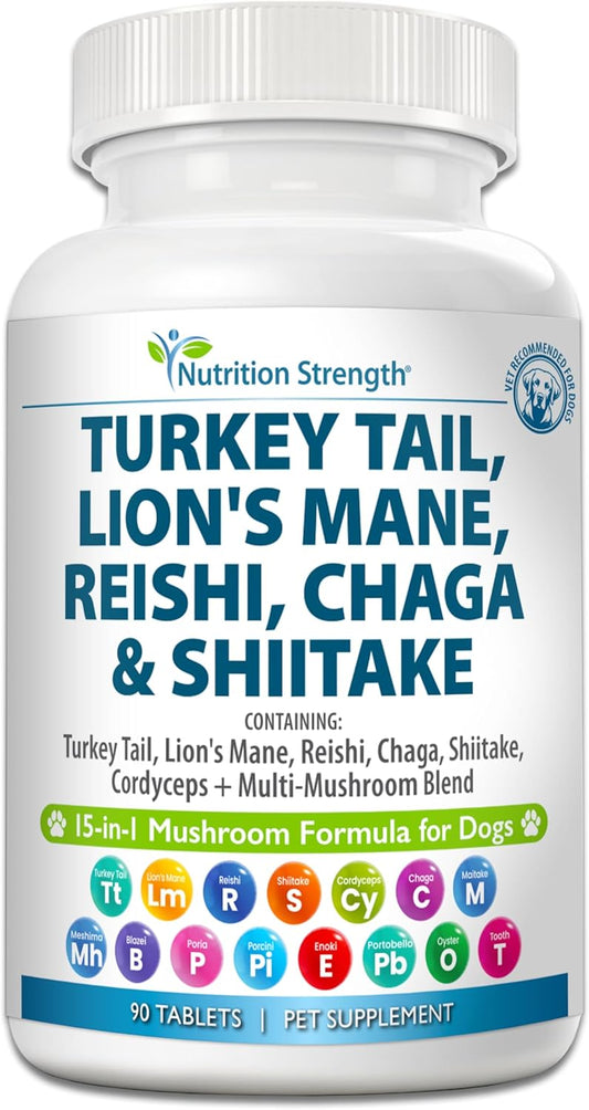 Nutrition Strength 15-in-1 Mushroom Support for Dogs | Immune System and Cognitive Health | 90 Chewable Tablets