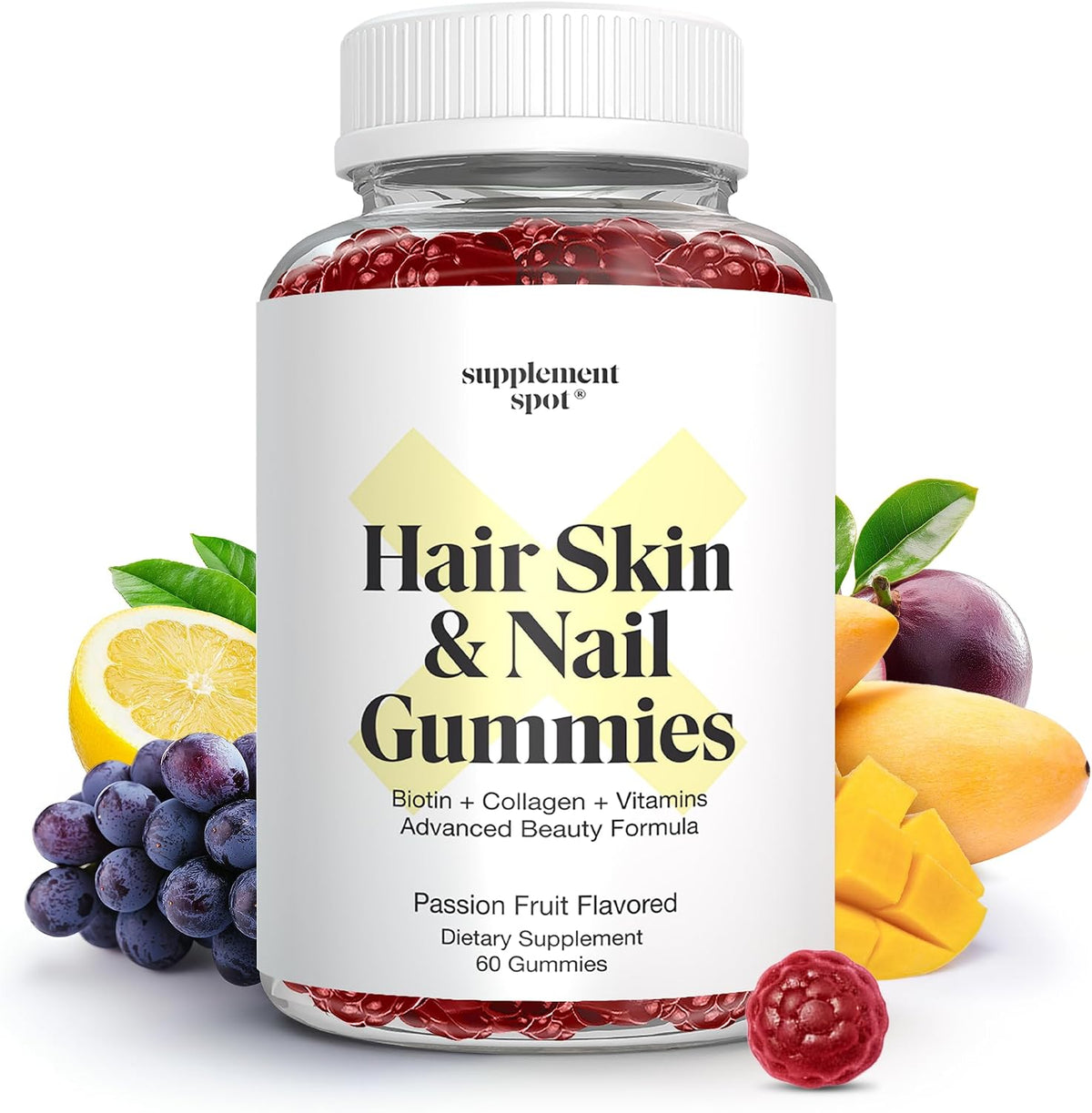 Supplement Spot Hair Skin and Nails Vitamins - 6000 mcg Biotin Gummies with Collagen, Passion Fruit Flavour (60 Gummies) - görsel 1