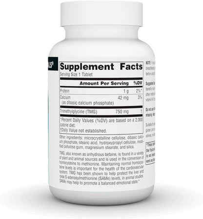Source Naturals TMG, Trimethylglycine (Anhydrous Betaine) - 750 mg - 60 Vegetarian Tablets