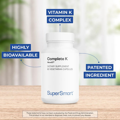 Supersmart - Complete K - with K1, K2 (MK4 + MK7) - Full Spectrum Vitamin K Supplement | Non-GMO & Gluten-free - 60 Vegetarian Capsules