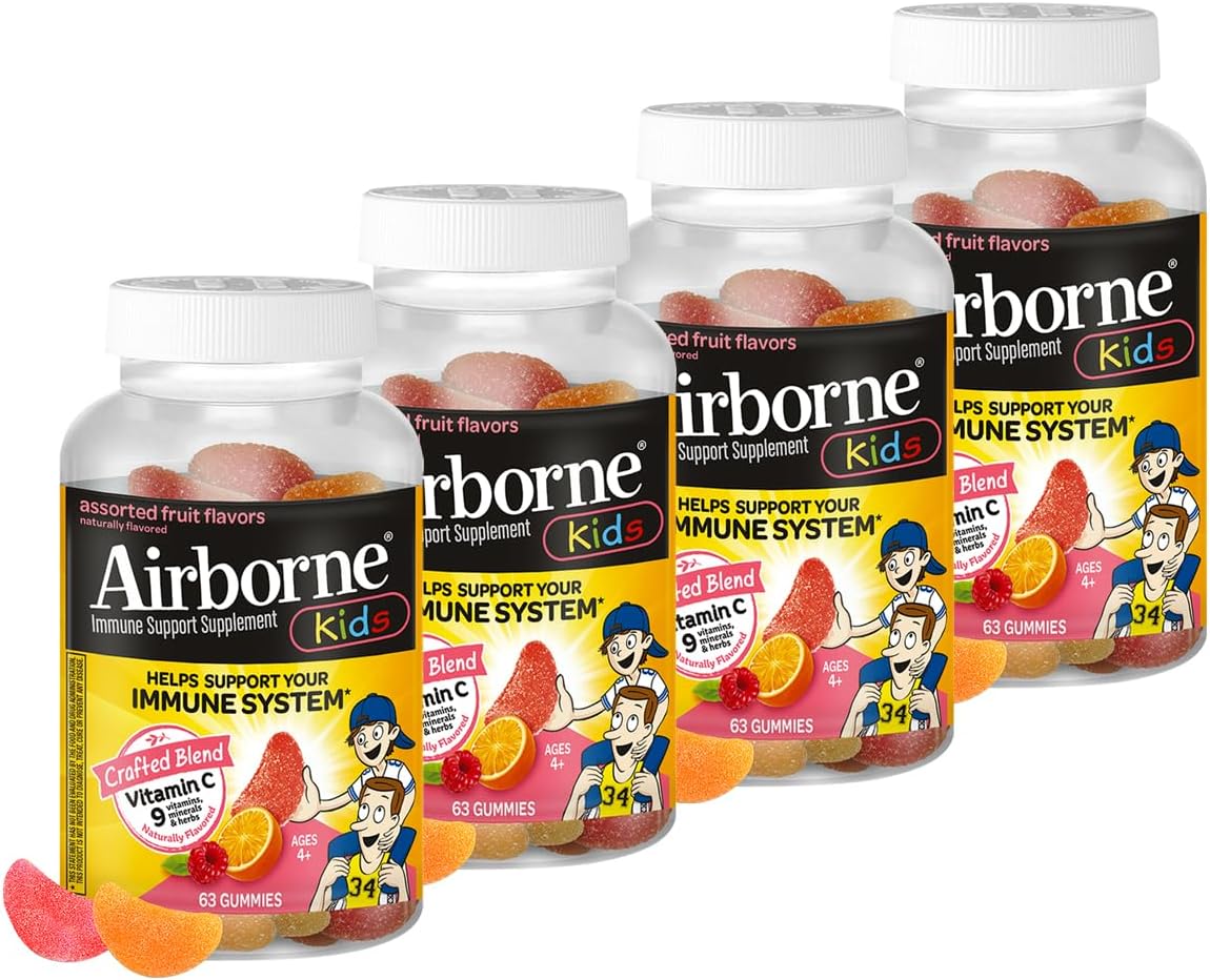 Airborne Kids Vitamin C + Zinc Immune Support Gummies, 500mg, Assorted Fruit, Gluten-free, 63 Count (Pack of 4) - görsel 1