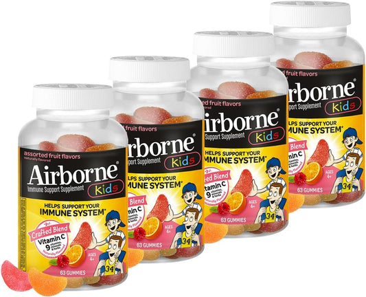 Airborne Kids Vitamin C + Zinc Immune Support Gummies, 500mg, Assorted Fruit, Gluten-free, 63 Count (Pack of 4)