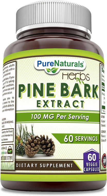 Pure Naturals Pine Bark Extract | 100 mg per serving | 60 Vegetable Capsules | Non-GM | Gluten-free | Made in the USA