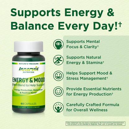 Caffeine-Free Natural Energy Boost with Ashwagandha, Maca & Magnesium – Support Stress Relief, Focus & Mood – 60 Capsules by Innervis Nutrition