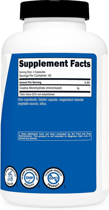 Nutricost Creatine Monohydrate 3,000 mg, 180 Capsules (750 mg Per Capsule) - Gluten-free, Non-GMO