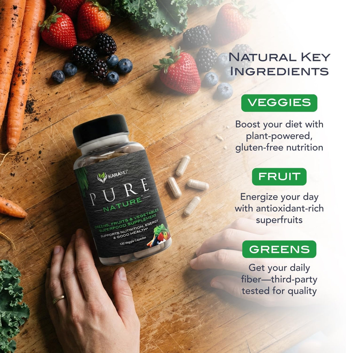 KaraMD Pure Nature | Greens, Fruit and Vegetables Supplement | Whole Food Multivitamin & Antioxidants | 20 Fruits and Vegetables for Energy & Digestion | Gluten-free & Vegan Friendly (4-pack) - görsel 5