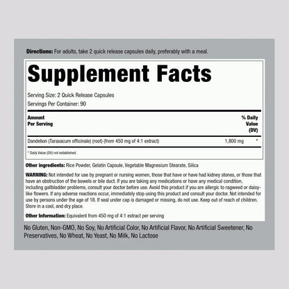 Piping Rock Dandelion Root Extract | 180 Capsules | Herbal Food Supplement