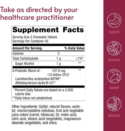 Bariatric Advantage Chewable FloraVantage Probiotic - 10 Billion CFUs - Probiotic Supplement - For Digestive & Immune Health* - Vegetarian & Gluten-Free - Grape Flavour - 90 Chewable Tablets