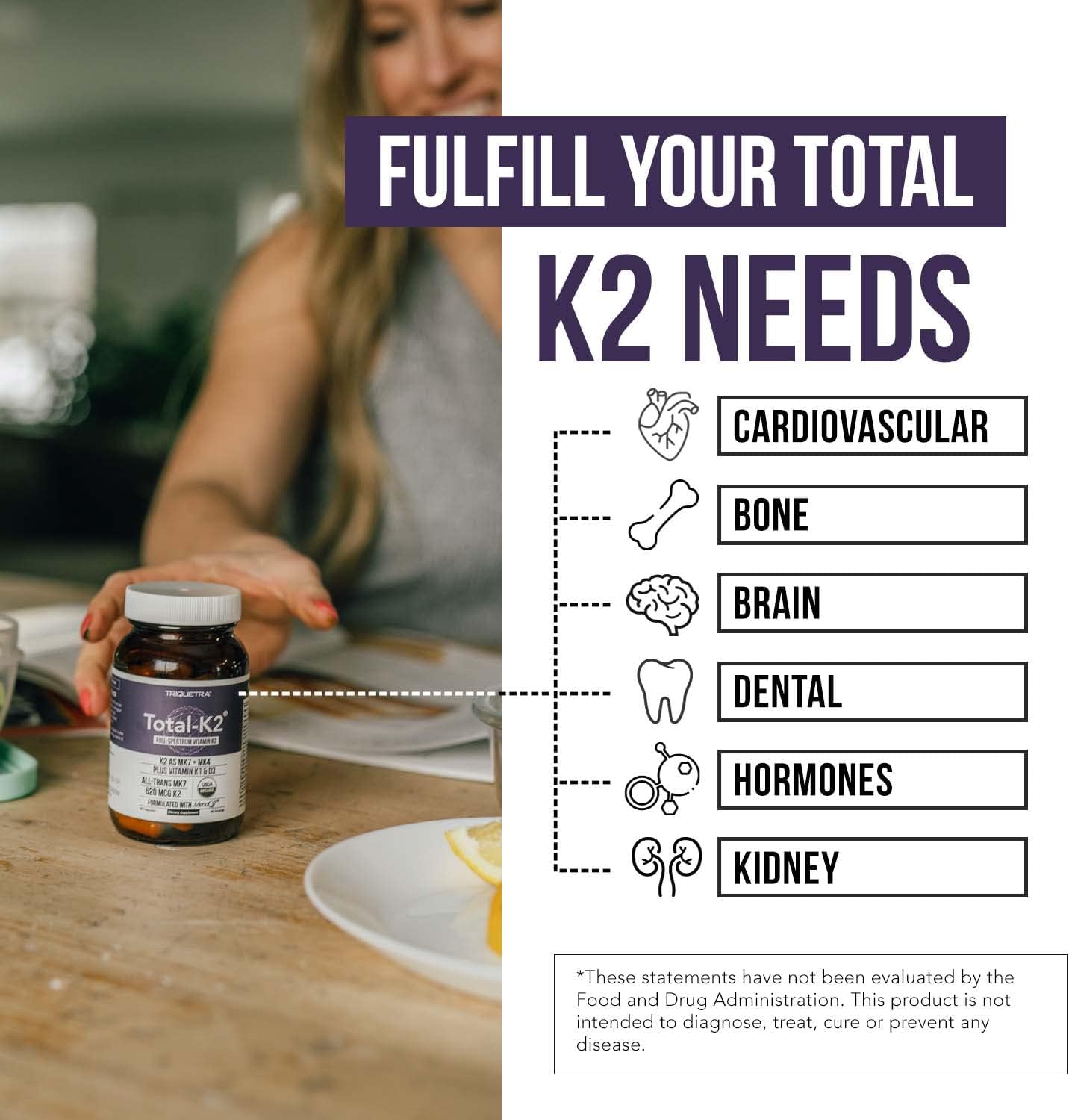 Total K2® | Vitamin K2 as MK7 & MK4 | Plus K1 & Vitamin D3 Cofactor - 620 mcg K2 per Serving - All-Trans MK7 from MenaQ7® - Full-Spectrum Vitamin K - Vegan, Organic Certified (60 Capsules) - görsel 6