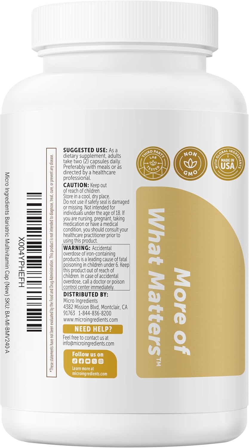 Micro Ingredients Methylated Bariatric Multivitamin with 45mg Iron for Women & Men, 240 Veggie Capsules - görsel 9