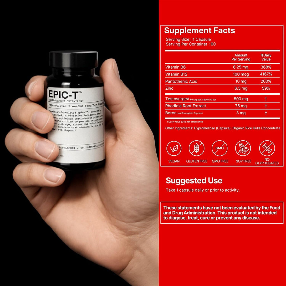 EPIC-T Testosterone Support for Men | Clinically Studied Testosurge® Fenugreek | B-Complex, Zinc, Boron, Rhodiola | Vegan, Non-GMO | 60 Capsules - görsel 3