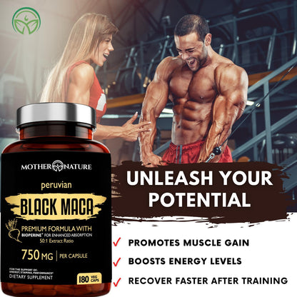 Organic Raw Black Maca 750mg with BioPerine, Energy and Performance, 180 Capsules