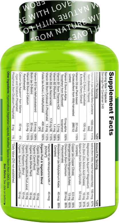 NATURELO Men's Multivitamin - One Daily with Organic Whole Foods, Non-GMO, 240 Capsules
