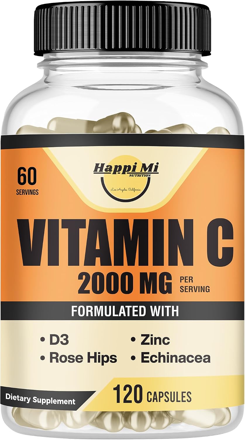 Vitamin C 2000mg per Serving with Zinc 40mg & Vitamin D3 5000 IU – Echinacea Extract & Rose Hip – 120 Vegan Capsules, 60 Day Supply, Non-GMO, No Fillers - görsel 1