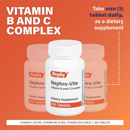 Rugby Nephro-Vite Vitamin B and C Complex Tablets - Dietary Supplement - 100 Tablets (Pack of 2)