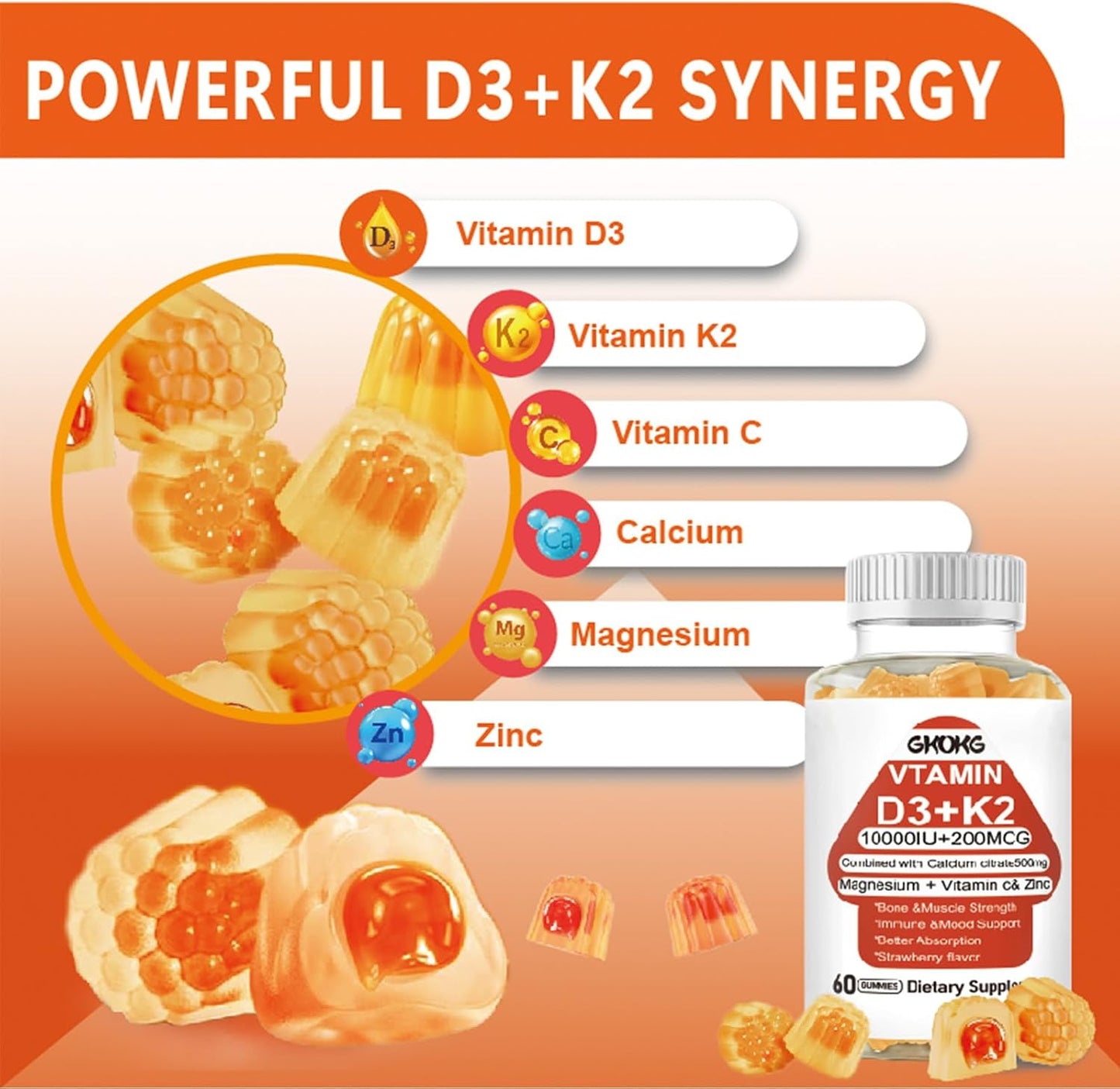 Vitamin D3 + K2 Gummies (MK7 200mcg) – 1000 IU Vegan Vitamin D Supplement for Bone, Heart & Immune Health – 60 Gummies, Orange Flavour - görsel 4