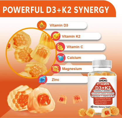 Vitamin D3 + K2 Gummies (MK7 200mcg) – 1000 IU Vegan Vitamin D Supplement for Bone, Heart & Immune Health – 60 Gummies, Orange Flavour