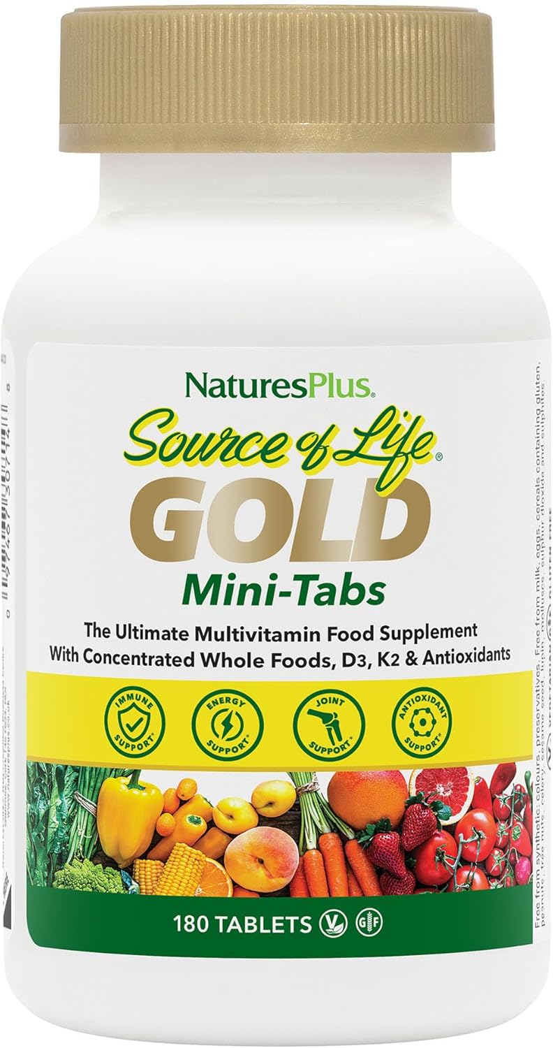 NaturesPlus Source of Life GOLD Multivitamin - 180 Mini-Tablets - With Vitamins D3, B12 & K2 - Blood, Bone & Immune Support - Vegetarian & Gluten Free - görsel 1