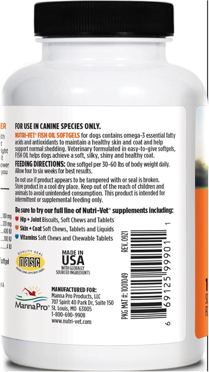Nutri-Vet Fish Oil Supplement for Dogs – Omega-3 EPA DHA, 100 Softgels