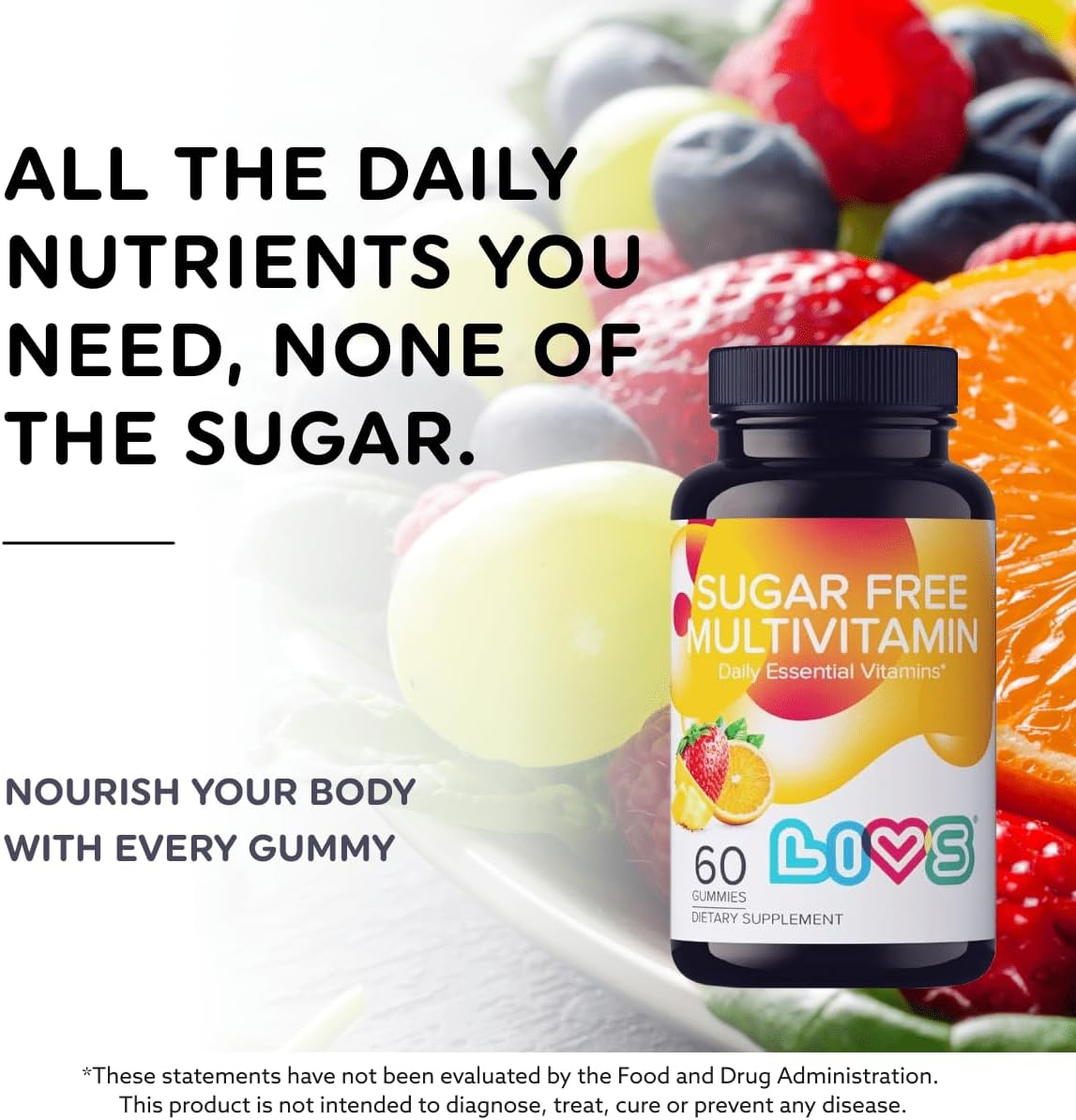 LIVS Sugar-Free Multivitamin Gummies for Adults and Children – Vegan Gummy Vitamin with A, C, D, B-Complex, Biotin & Zinc | Multivitamin Supplements for Overall Wellness and Support - 60 Count - görsel 2