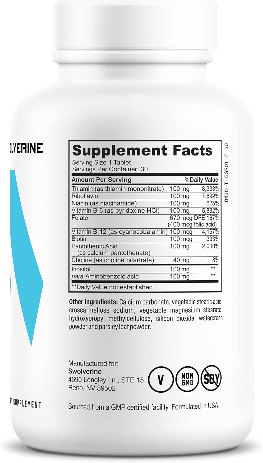 Swolverine B-Vitamin Complex | B-Complex Supplement with All 8 B Vitamins, Choline, Inositol, Biotin - 30 Servings - görsel 4