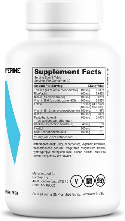 Swolverine B-Vitamin Complex | B-Complex Supplement with All 8 B Vitamins, Choline, Inositol, Biotin - 30 Servings