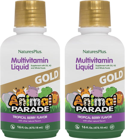 NaturesPlus Animal Parade Gold Children's Liquid Multivitamin – Natural Tropical Berry Flavour – 473 ml