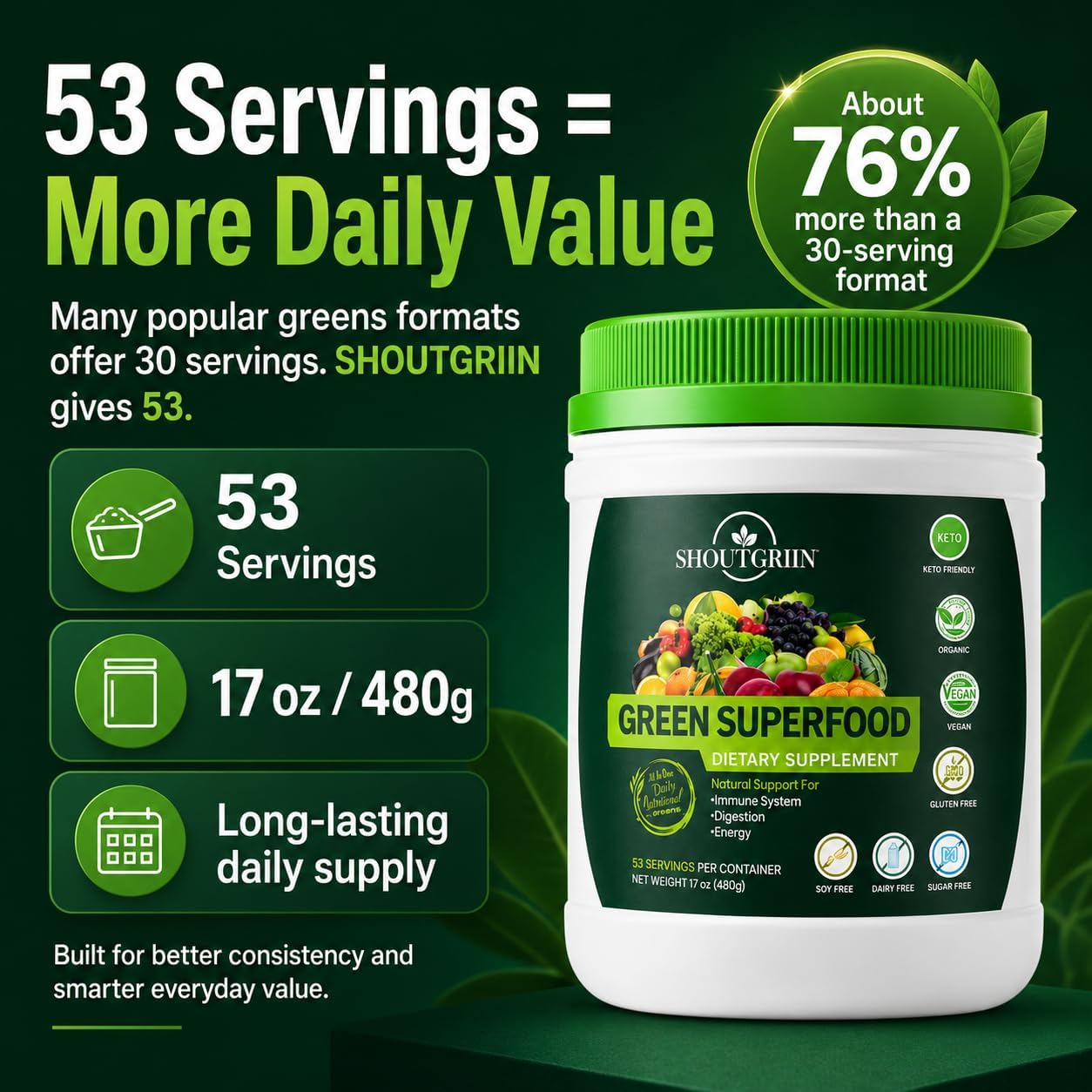 SHOUTGRIIN Green Superfood Powder – Organic Super Greens with 100 Billion CFU Probiotics & Digestive Enzymes - görsel 5