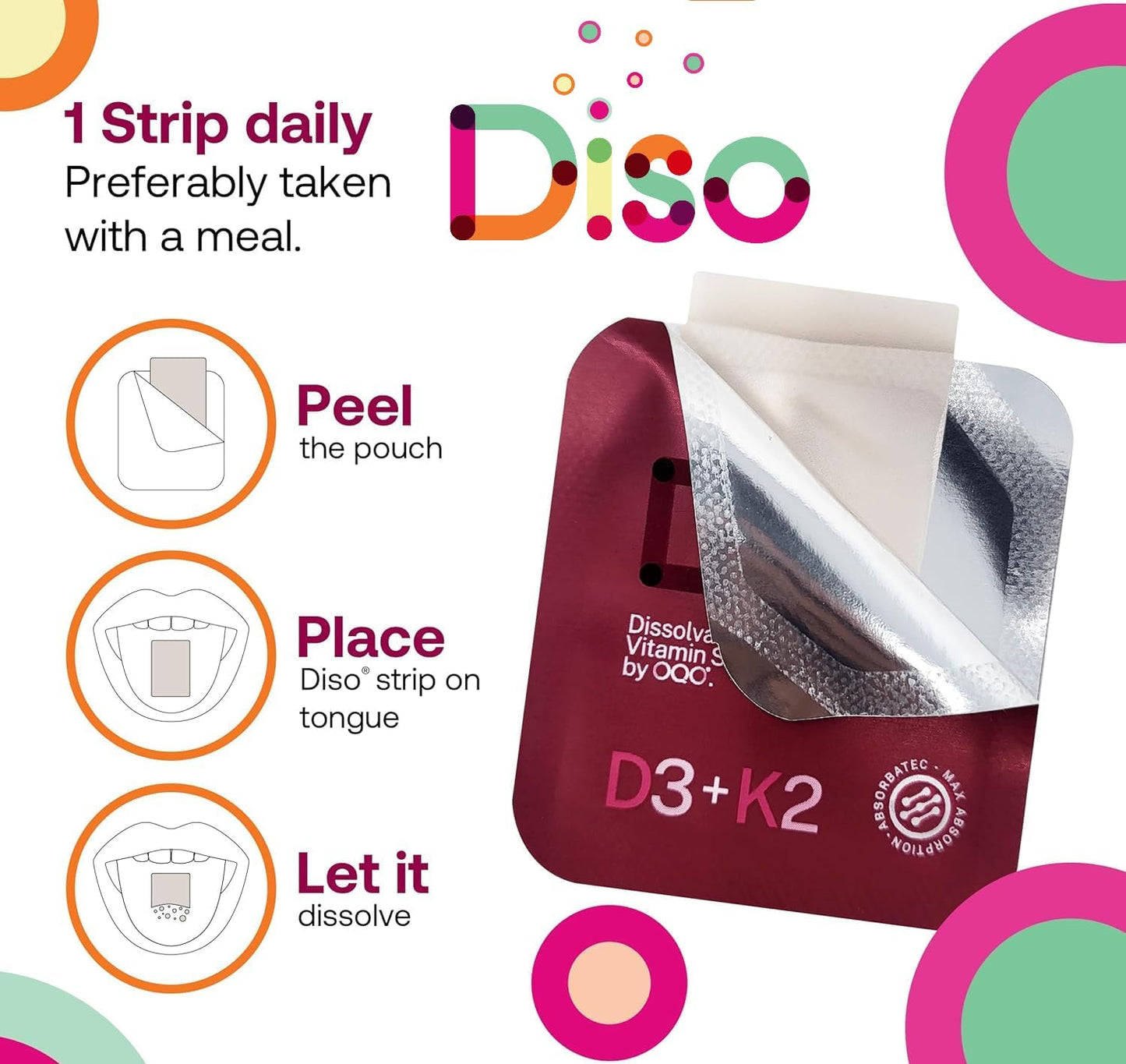 DISO - D3+K2 - Fast-Dissolving Oral Strips, Wild Raspberry Flavour, Vegan, Sugar Free, Maximum Absorption, Gluten-free, for Healthy Bones and Teeth - 30 Individually-Wrapped Dissolvable Strips - görsel 2