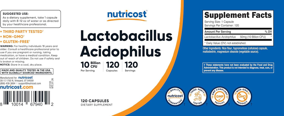 Nutricost Lactobacillus Acidophilus 10 Billion CFU, 120 Vegetarian Capsules - görsel 9