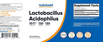 Nutricost Lactobacillus Acidophilus 10 Billion CFU, 120 Vegetarian Capsules