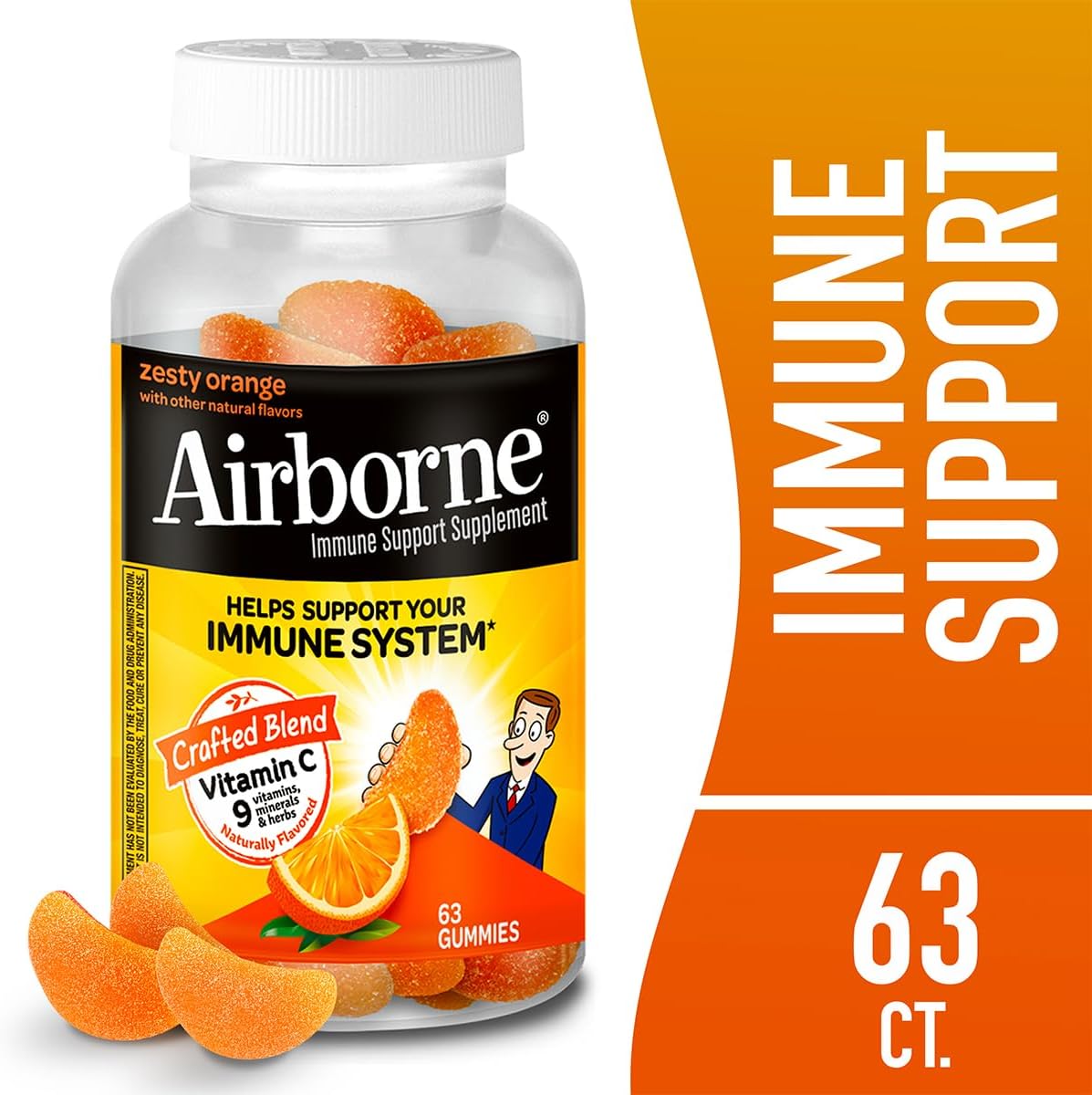 Airborne 750mg Vitamin C Immune Support Gummies, Zesty Orange, 63 Gummies (3-Pack) - görsel 2