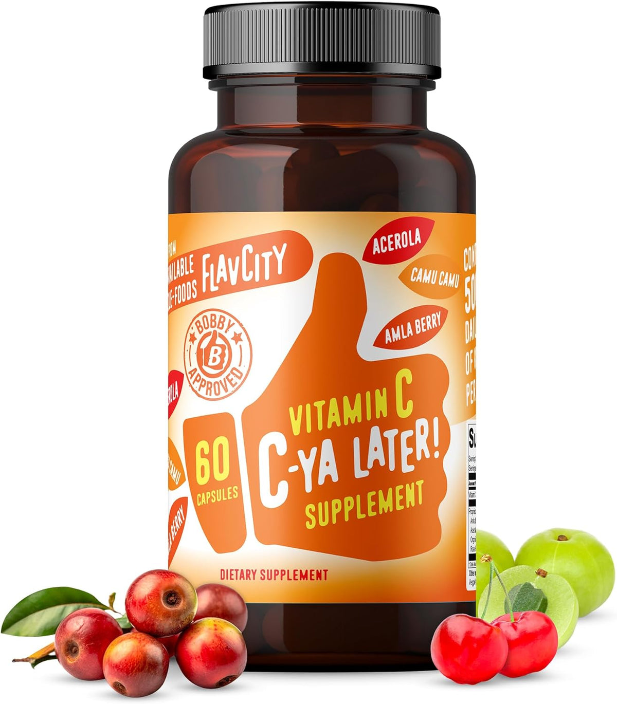 FlavCity Vitamin C Supplement, C-Ya Later! Superfood-Derived Immunity Support - Vitamin C from Acerola Cherry, Rose Hips & Camu Camu - 500% NRV (60 Capsules) - görsel 1
