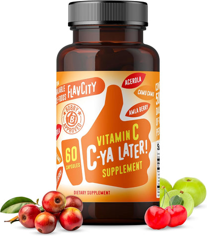FlavCity Vitamin C Supplement, C-Ya Later! Superfood-Derived Immunity Support - Vitamin C from Acerola Cherry, Rose Hips & Camu Camu - 500% NRV (60 Capsules)