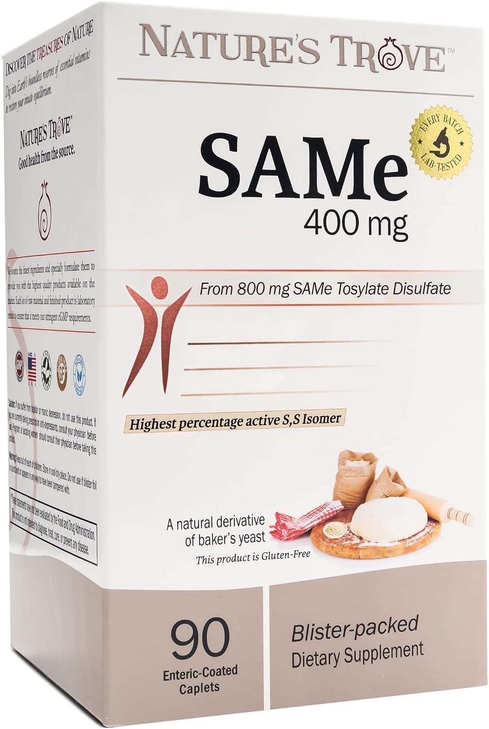 Nature's Trove SAM-e 400mg 90 Enteric Coated Caplets. Vegan, Kosher, Non-GMO Verified, Soya-free, Gluten-free - Cold Form Blister Packed. - görsel 1