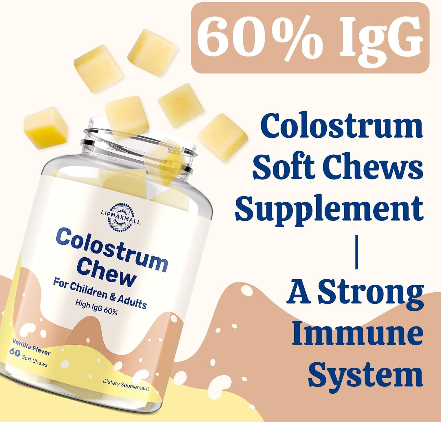 Bovine Colostrum Chews Supplement with 60% IgG - Immune & Gut Support, Grass-Fed, Vanilla Flavour, 60 Soft Chews - görsel 3