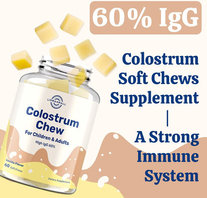 Bovine Colostrum Chews Supplement with 60% IgG - Immune & Gut Support, Grass-Fed, Vanilla Flavour, 60 Soft Chews