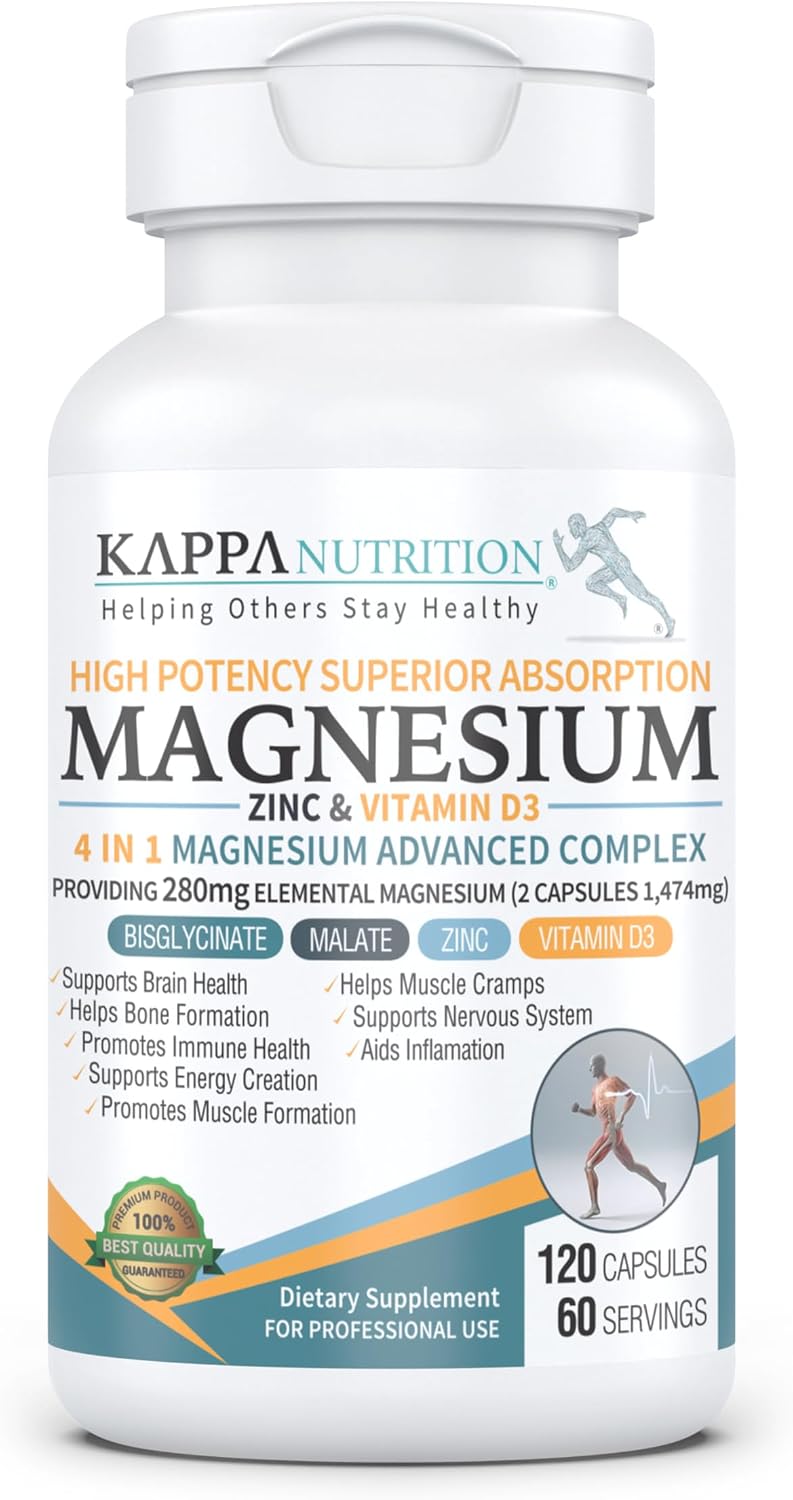 Kappa Nutrition Magnesium 4-in-1 – 280mg Elemental Magnesium (Bisglycinate & Malate) + Zinc & Vitamin D3 – 120 Vegan Capsules - görsel 1