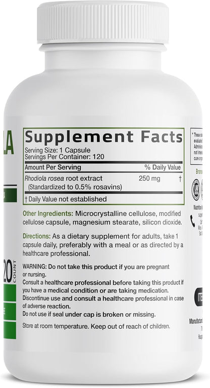 Bronson Rhodiola Rosea Vegetarian Capsules – Adaptogenic Herb for Stress, Mood & Brain Support – Non-GM, 120 Count