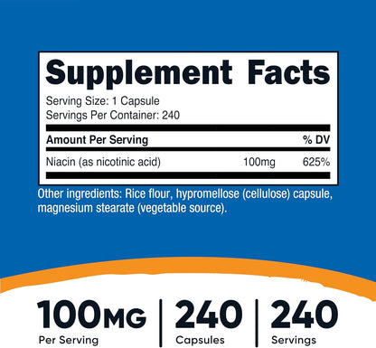 Nutricost Niacin (Vitamin B3) 100mg, 240 Capsules – Immediate Release with Flushing, Non-GMO, Gluten-free