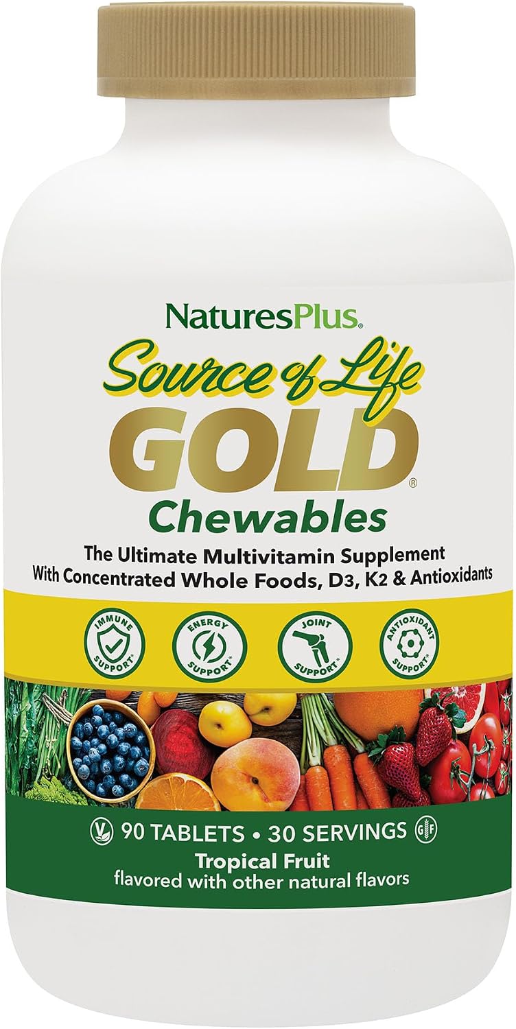 NaturesPlus Source of Life GOLD Chewables - 90 Vegetarian Tablets - Tropical Fruit Flavour - Whole Food Multivitamin Supplement - Gluten Free - 30 Servings - görsel 1