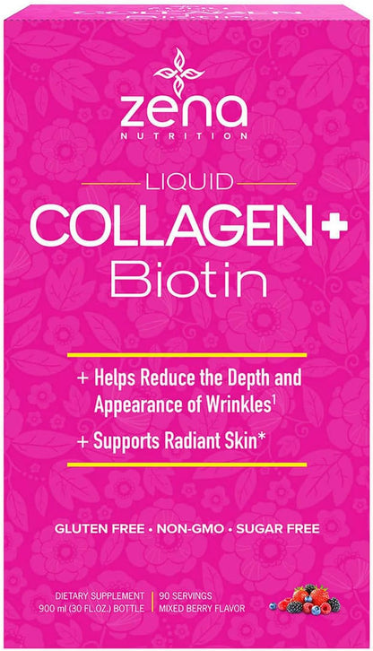 Zena Liquid Collagen + Biotin, 2500mg Collagen & 5000mcg Biotin, Verisol Formula, Mixed Berry, 90 Servings