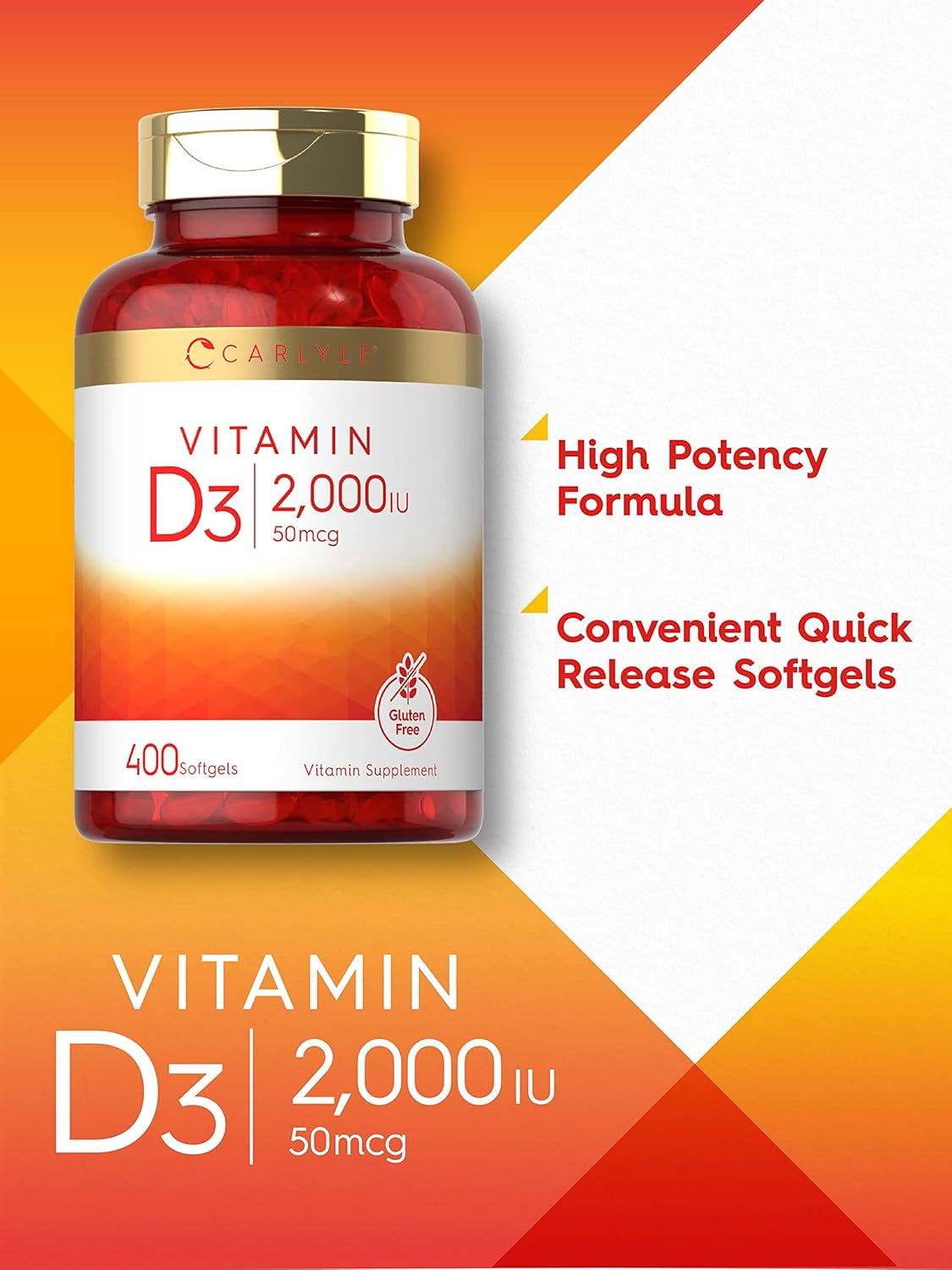 Carlyle Vitamin D3 2000IU Softgels - 400 Capsules, Non-GM, Gluten-free - görsel 3