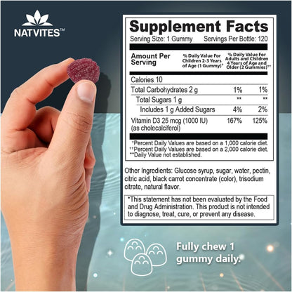 Vitamin D3 Gummies for Kids – 1000 IU – Strawberry – Bone Health & Immune Support – 120 Count