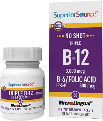 Superior Source NO Shot Triple B-12 3000 mcg with Vitamin B6 and Folic Acid, 60 Sublingual Tablets