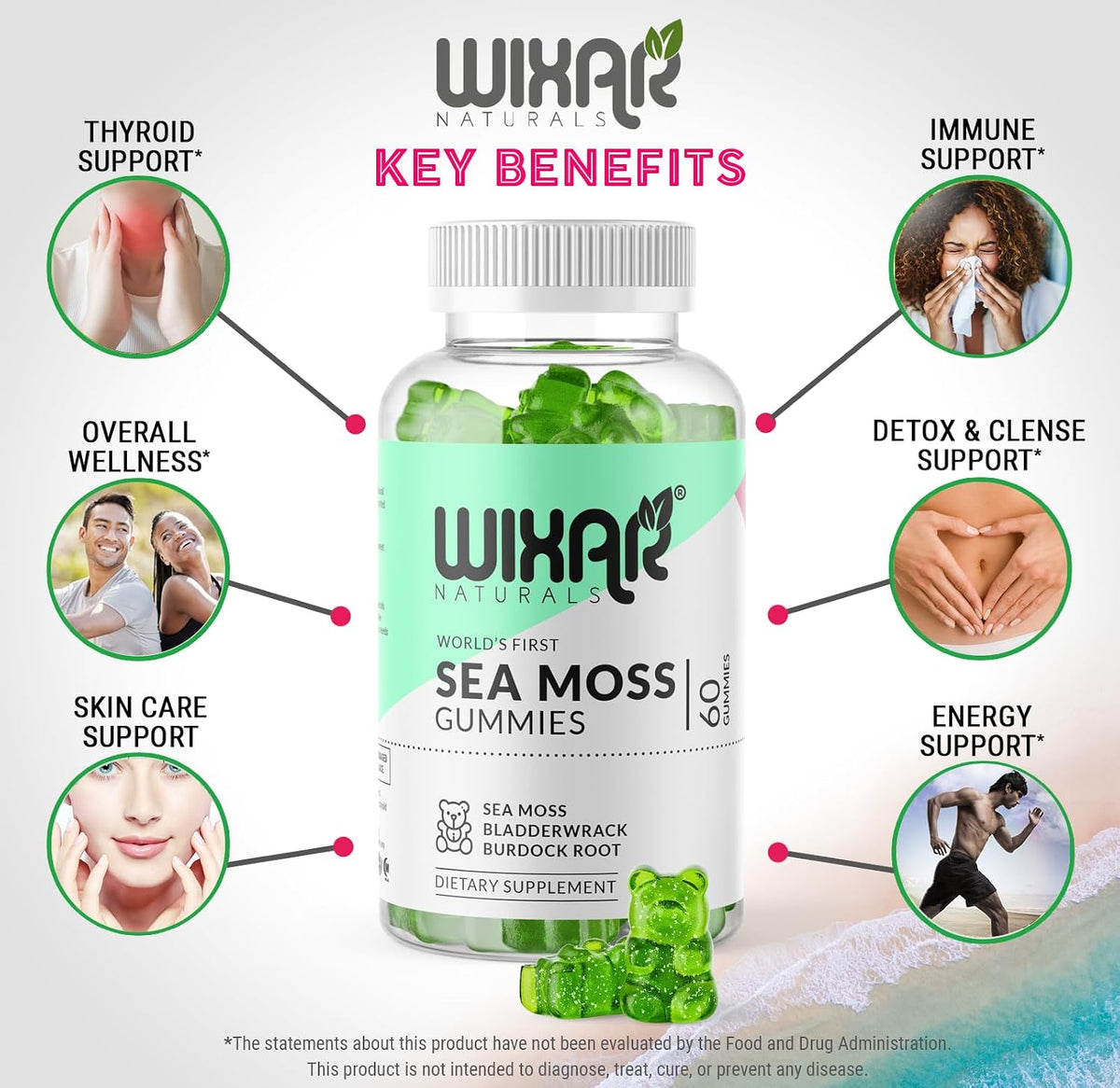 WIXAR NATURALS Sea Moss Gummies - Irish Sea Moss, Bladderwrack & Burdock Root - 60 Vegan Gummies - görsel 3
