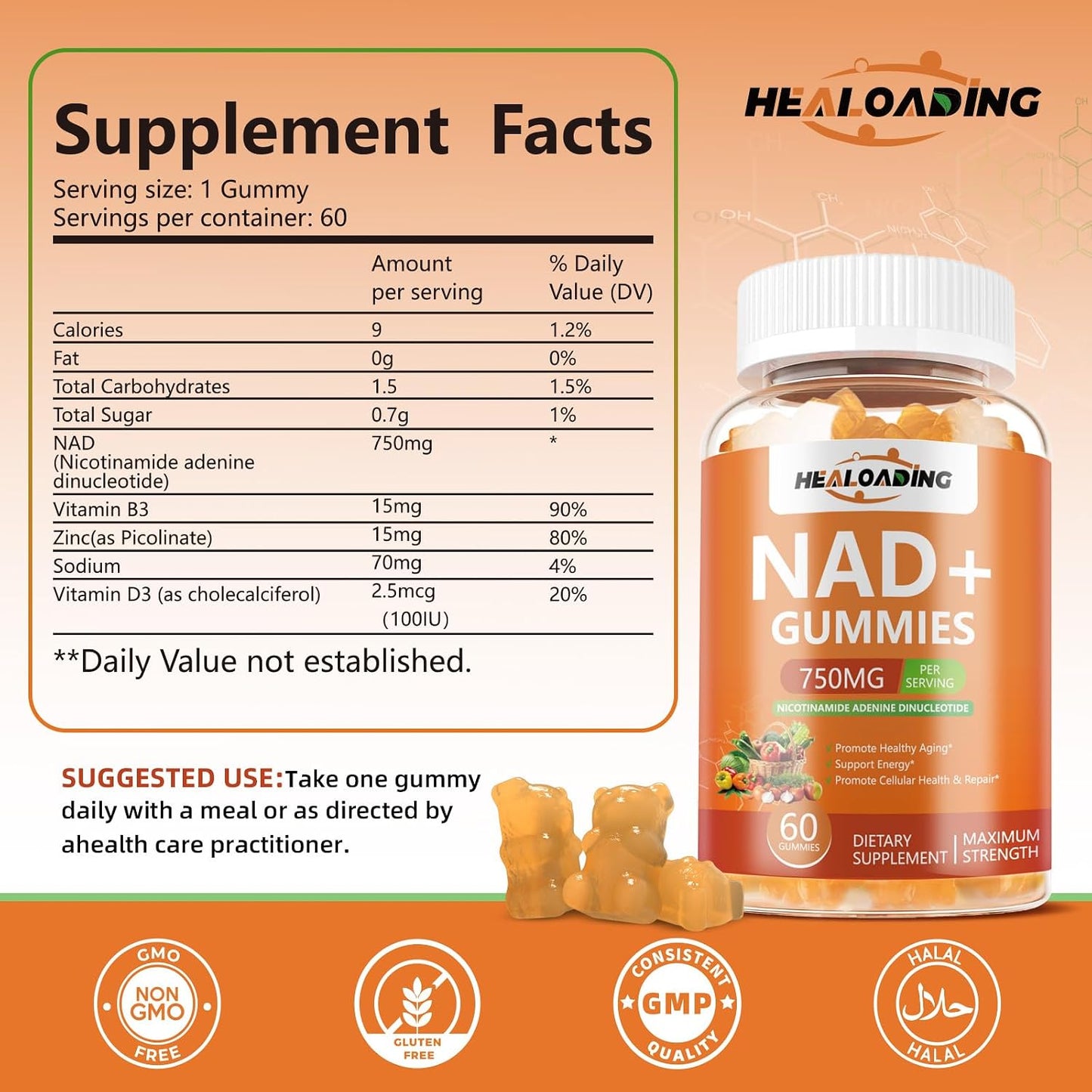 HEALOADING NAD+ Gummies with Resveratrol - 750mg NAD+ Supplement for Cellular Health & Energy - görsel 2